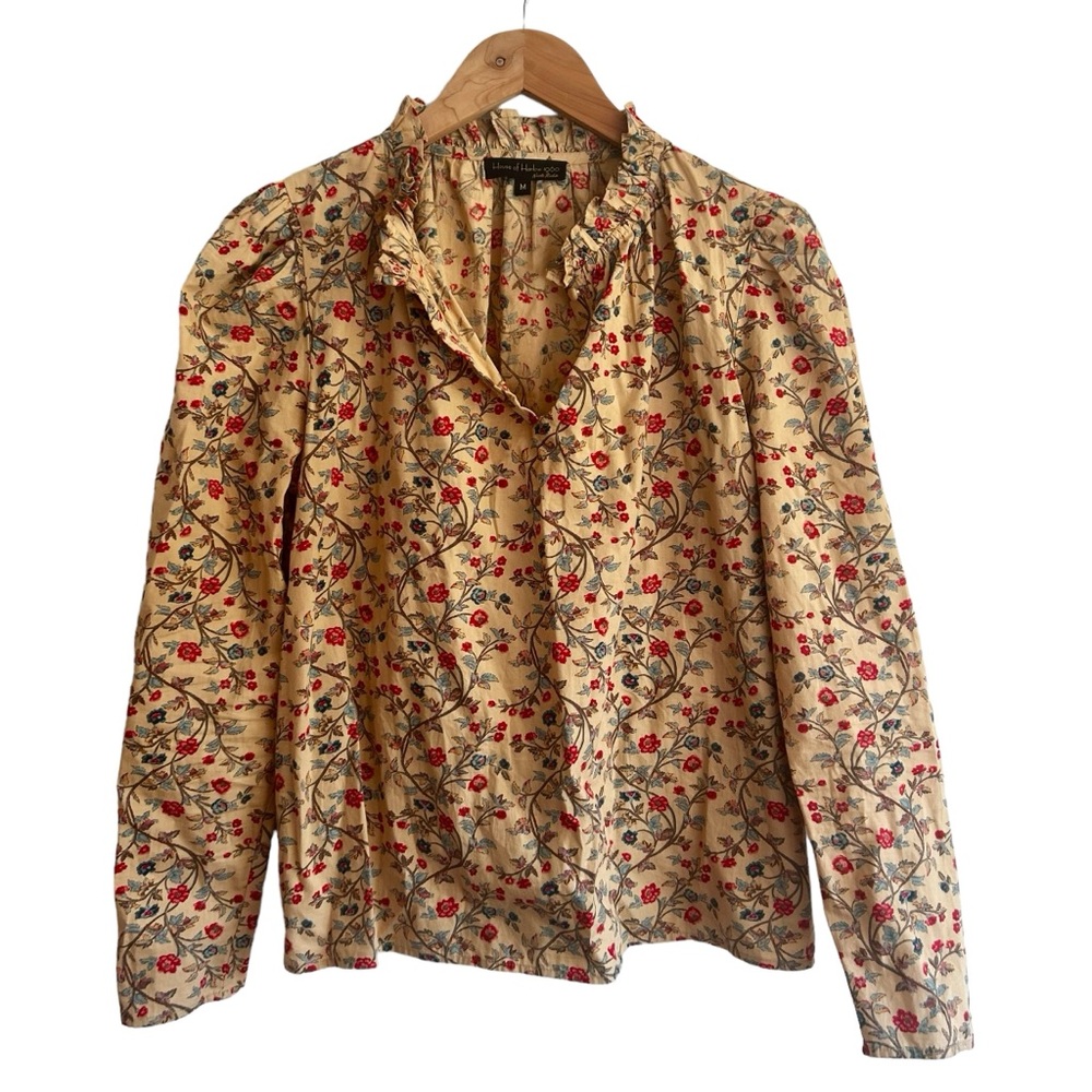 House of Harlow 1960 Sz Medium Ruffle Neck Floral Blouse Sonia Nude Cottagecore